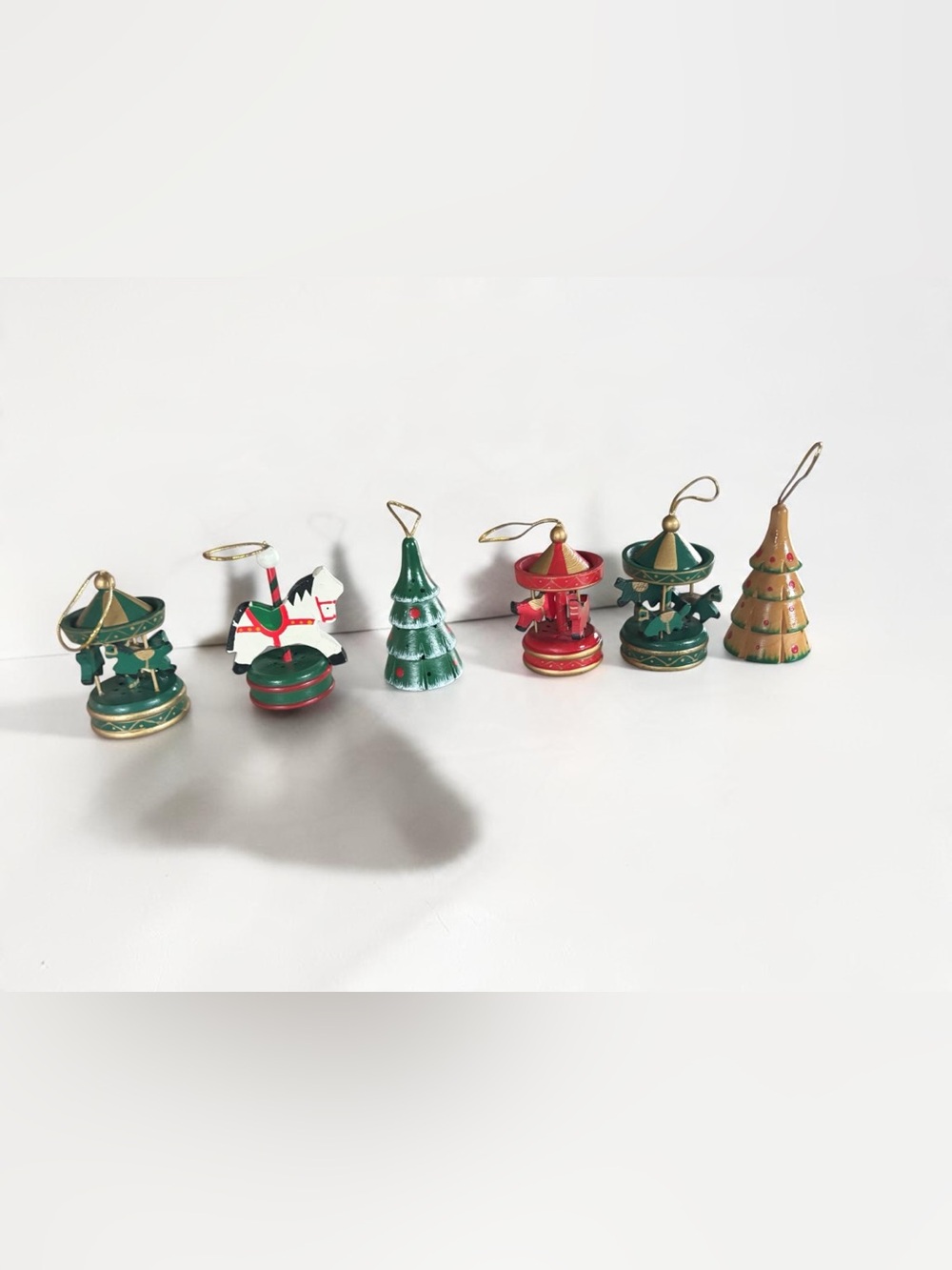 Vintage Wooden Christmas Ornaments Set of 6 Carousel Horses Trees Retro Decor